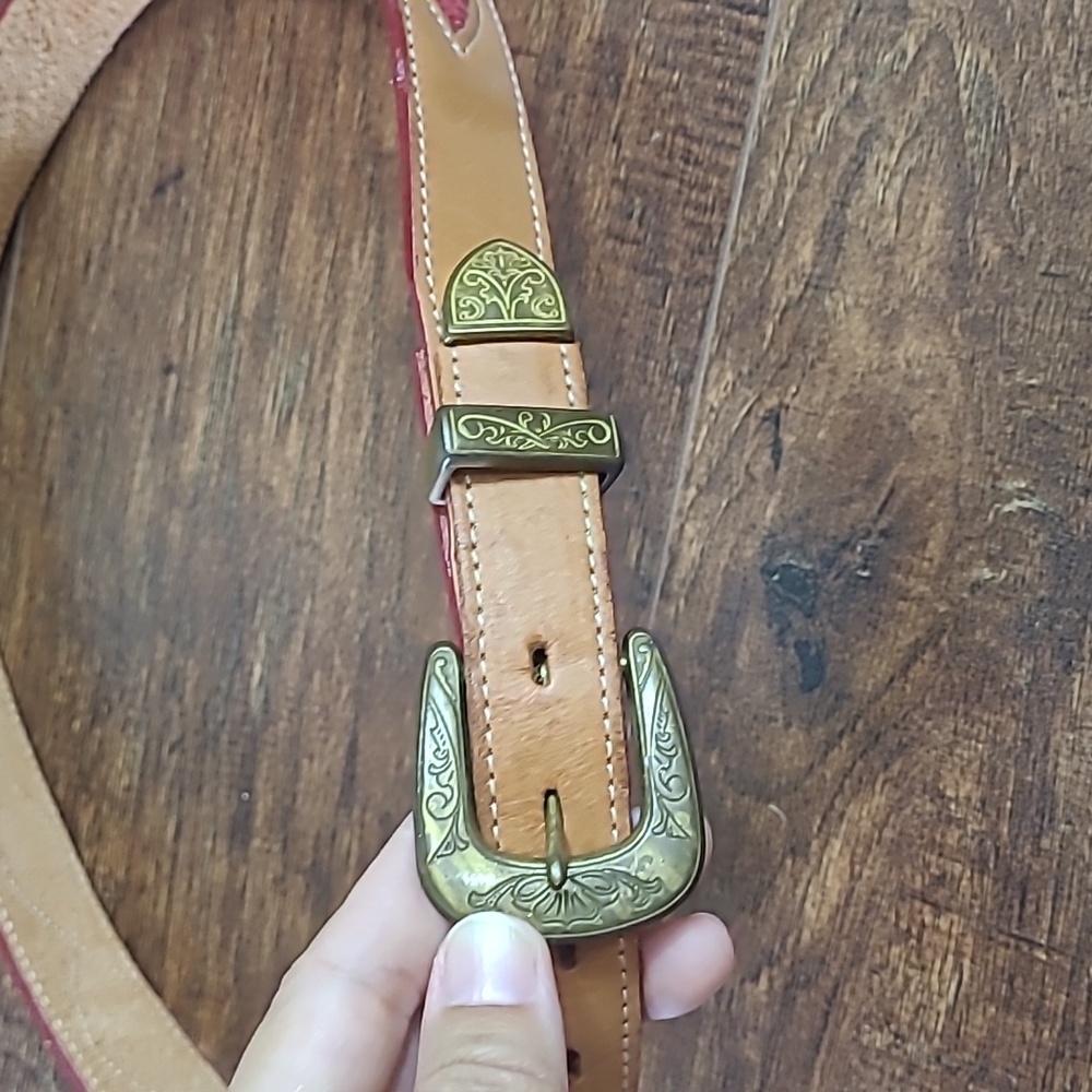 Western Leather Embroidered Belt with Brass Accents Tan, Purple, Yellow, White - Picture 7 of 12